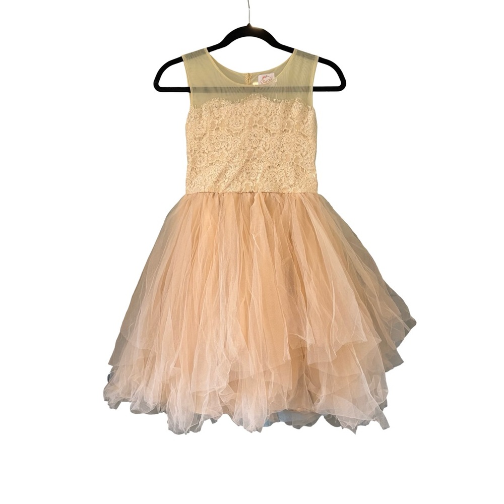NWT, Think Pink Sleeveless Nude Lace Bodice Pink Tulle Skirt Dress, Sz 10/12